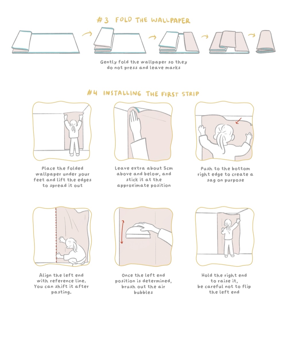 Steps for folding and hanging the first wallpaper strip.